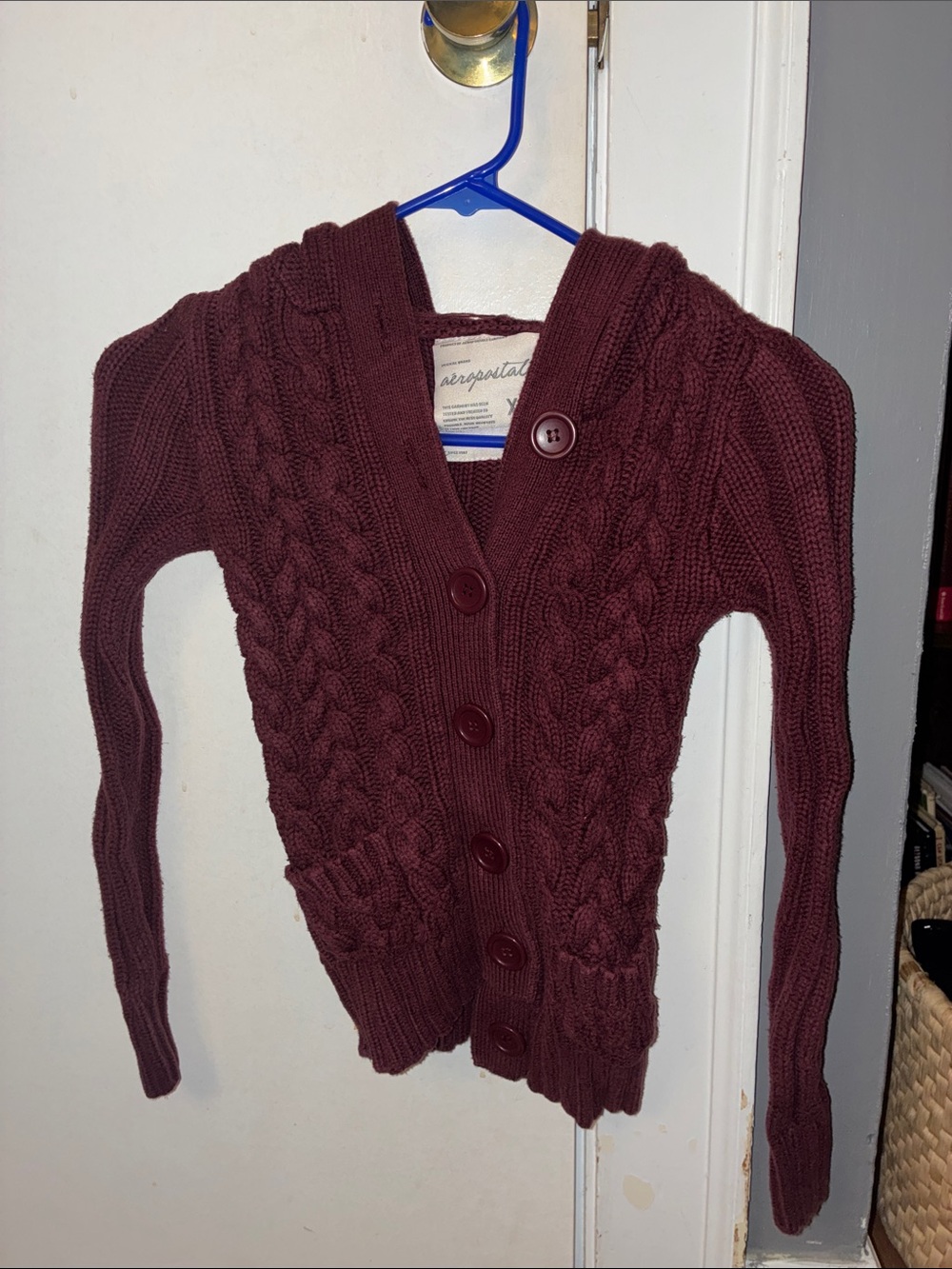 Aeropostale Women's Burgundy Cable Knit Hooded Cardigan Sweater